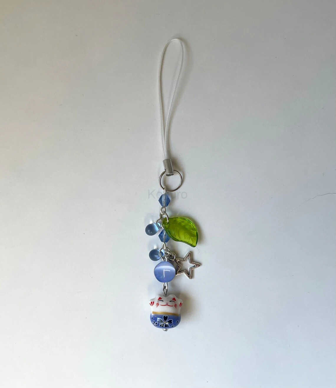 Handmade blue lucky cat phone charm cat charm phone accessories leaf charm blue lucky cat Keychain M250912