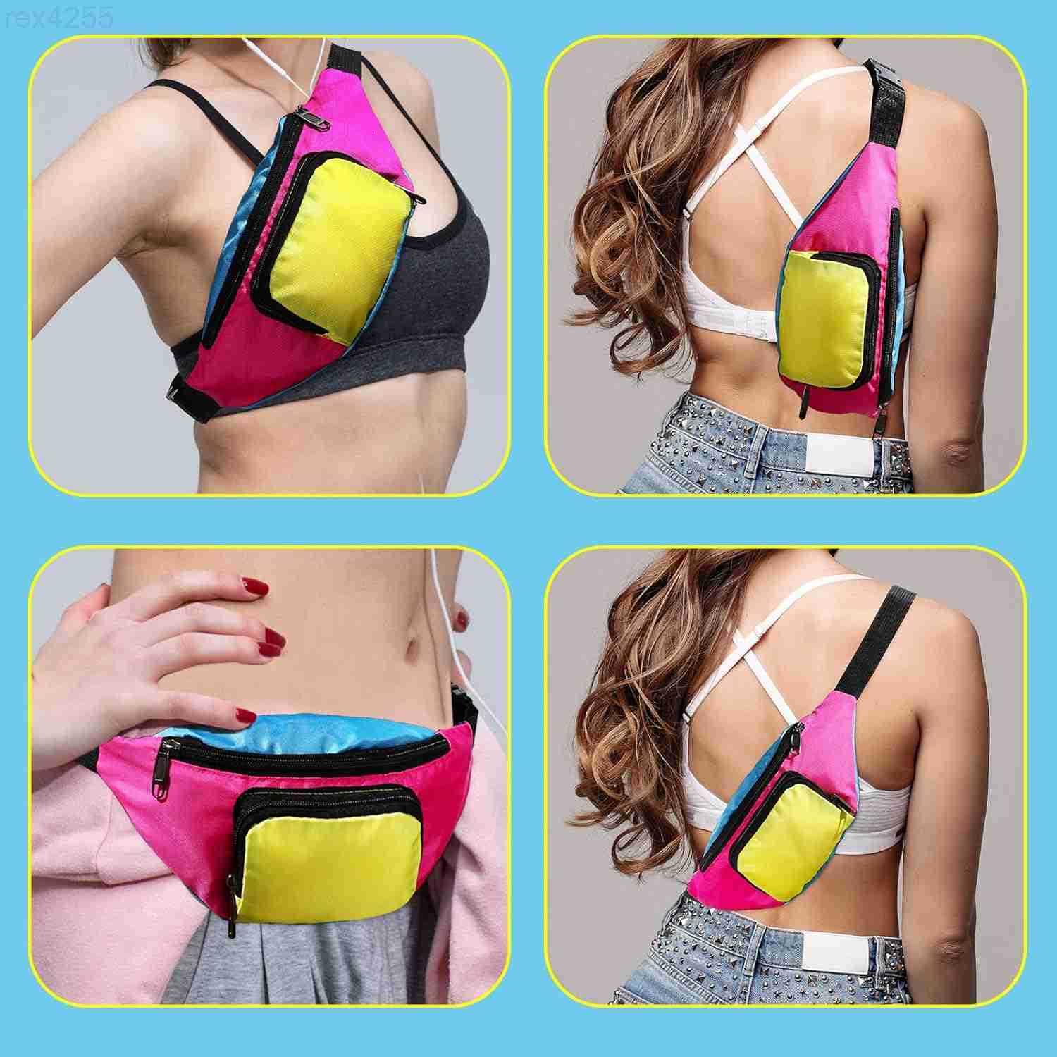 80s Retro Neon Fanny Pack 2 Pockets Belt Bags 90s Costumes for Women Men Waist Packs for Holiday Festival 80s Theme Halloween PartyPink BottomW250912