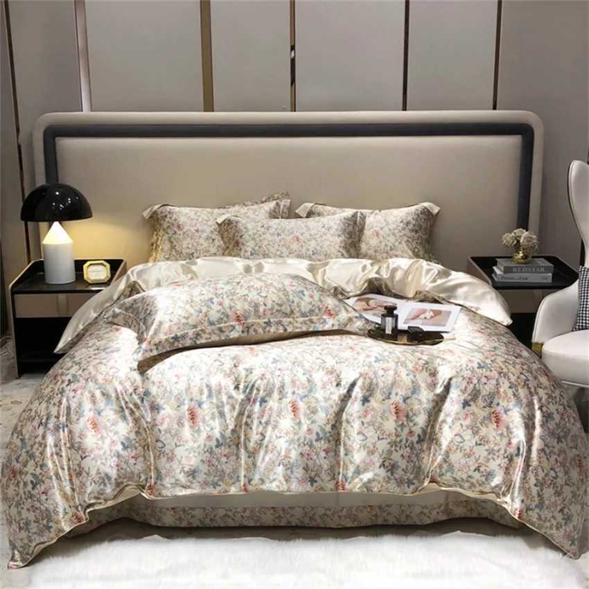 Luxury Floral Silk Bedding Set with Duvet Cover Fitted Flat Bed Sheet Pillowcase Silky Smooth Bed Sheet Sets Twin Full Queen C250912