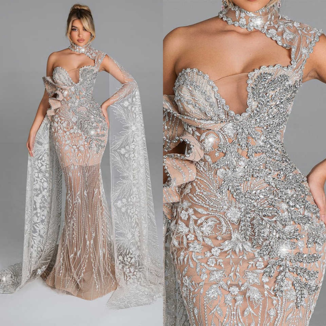 Sparkly Sequins Mermaid Evening Dresses With Cape One-Shoulder Crystals Beaded Prom Gowns For Formal Party Custom Made
