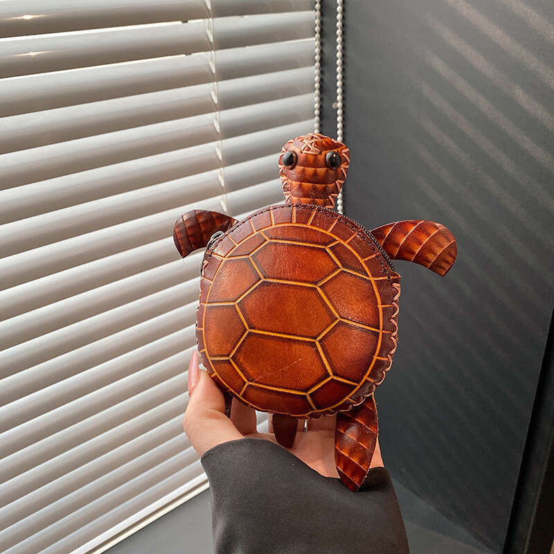 Turtle Coin Purse Small Bags Handmade Vegetable-Tanned Leather Simple Fashion Cute Turtle Handheld Crossbody Women's Bag Cartoon Top Layer Cowhid