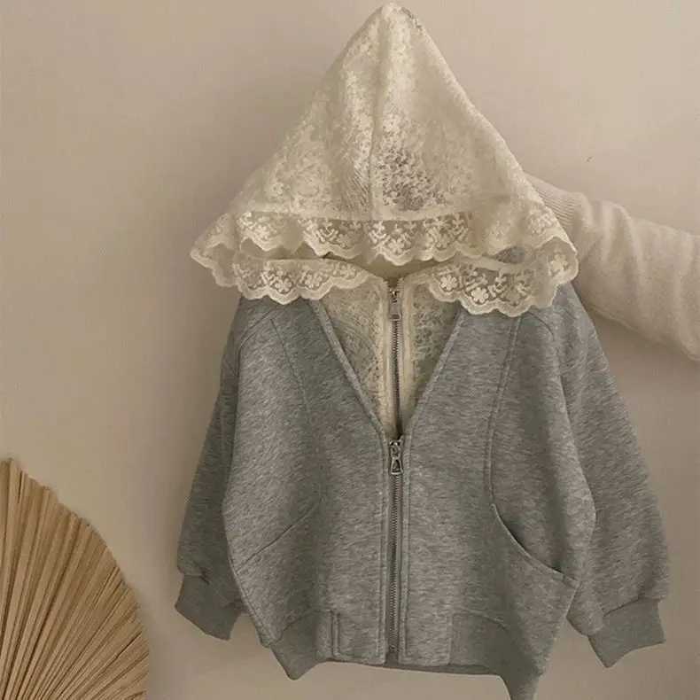 2025 Korean Girls Spring Set Lace Hooded Cardigan Apron Dress Chic 2Piece Casual Outfit Baby Girl Clothes C250912