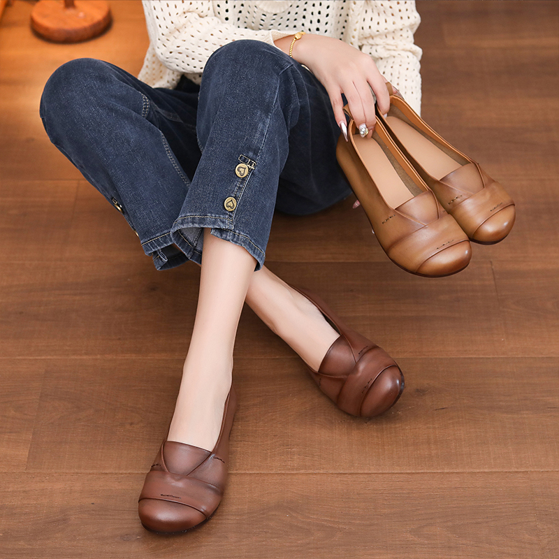 Top-Grain Cowhide leather Vintage Flat Shoes - Old Money Style Women's Footwear