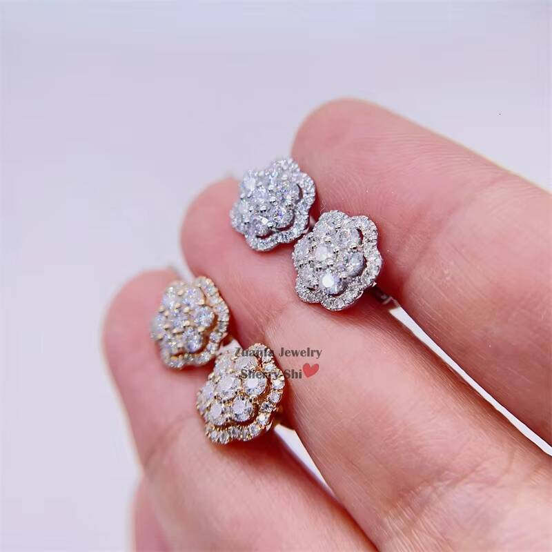 Iced Out Hip Hop Pass Diamond Tester Men 10k Gold Flower Cluster Earrings Vvs Moissanite Earrings Stud