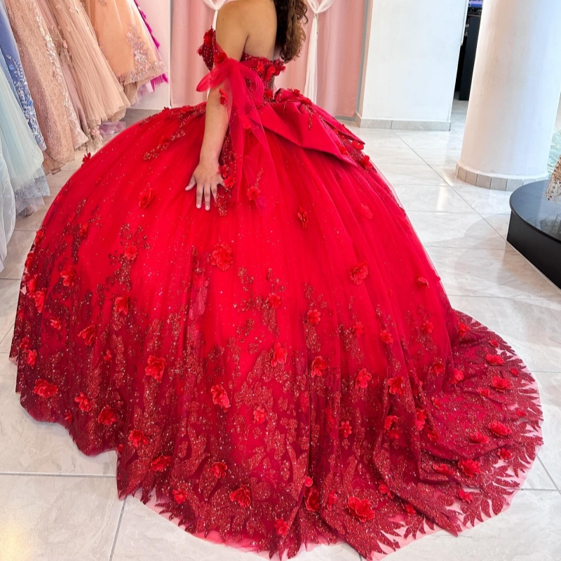 Red Shiny Ball Gown Quinceanera Dresses Off The Shoulder Sequin Applique Flower Beads Bow Tull Party Birthday Sweet 16 Dress Vestidos 15 De Anos