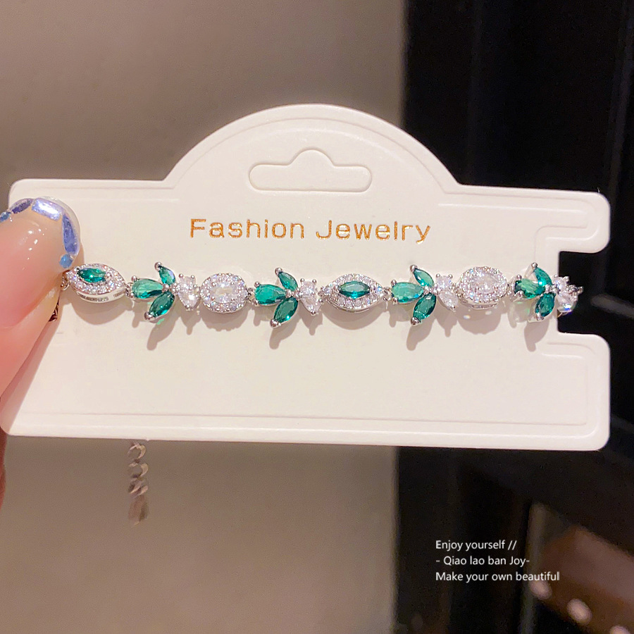 Silver - Toned Bracelet With Green Gemstone Leaf Accents And Rhinestone Details Delicate Daily & Elegant Jewelry Gift For Her Dainty And Stylish Acces