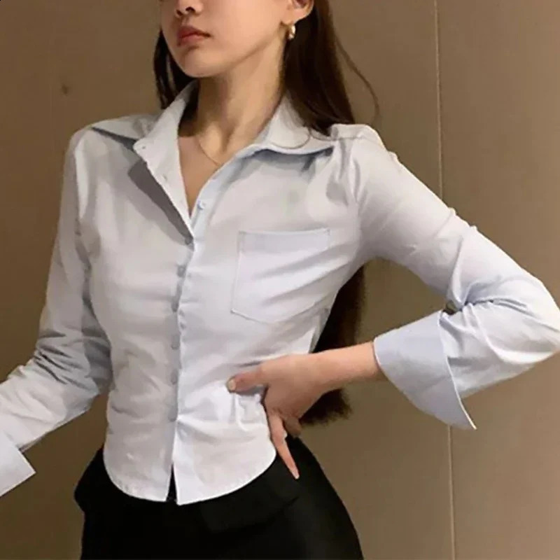 Korean White Office Women Chiffon Shirt Pocket Button Lapel Ladies Blouse Spring Long Sleeve Female Crop Tops 250911