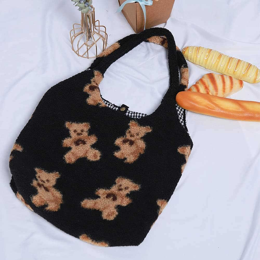 Women Canvas Tote Cute Bear Plush Shoulder Bag Furry Handbag Purse Large Faux Fur Shopping Dating Bag M250912