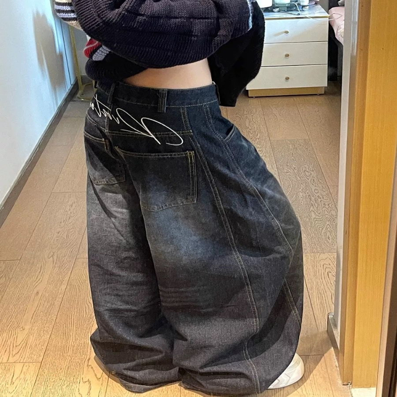 HOUZHOU Vintage Gothic Jeans Women Y2k Harajuku Oversized Letter Wide Leg Denim Trousers Grunge Hip Hop Punk Baggy Street 250911