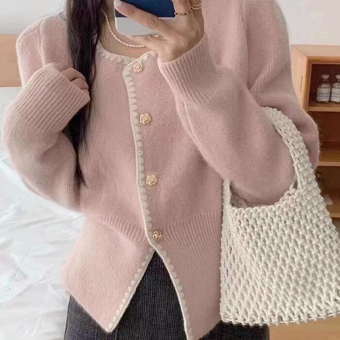 DHEssentials Autumn Winter Little Fragrance Style Sweater Top Square Collar Embroidered Single-Breasted Elegant Knitted Cardigan Coat Women's Clo