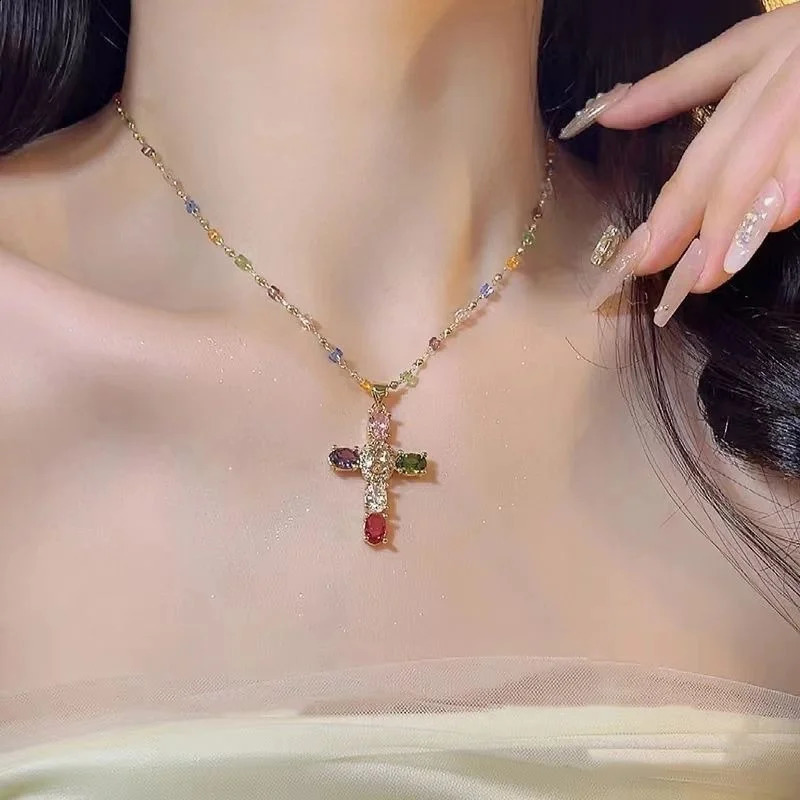 Fashion Colorful Zircon Cross Pendant Necklace For Women Stainless Steel Silver Color Charm Religious Necklaces Jewelry 250911