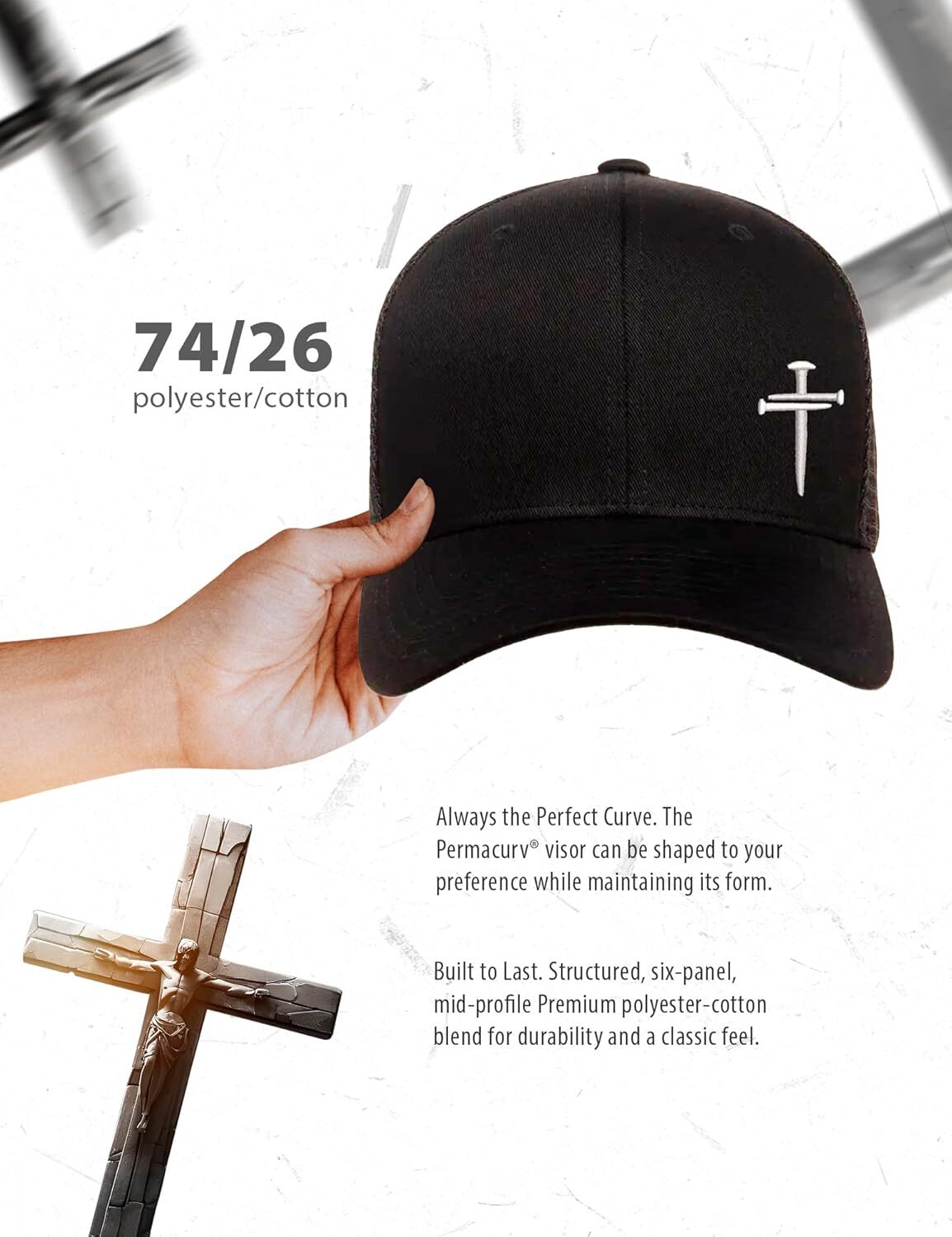 Christian Premium Jesus Hats for Men 3 Nails Cross Hat 6 Panel&Structured
