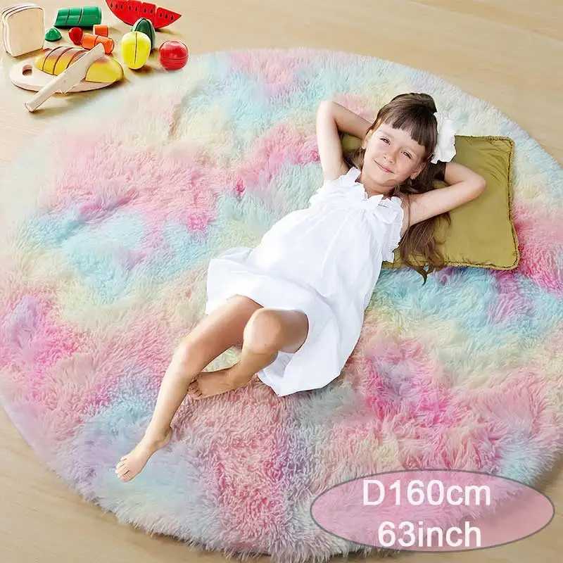 100120140160 Round Rug Fluffy Soft Area Rugs for Kids Girls Room Princess Castle Plush Shag Carpet Cute Circle Bedroom Decor C250912