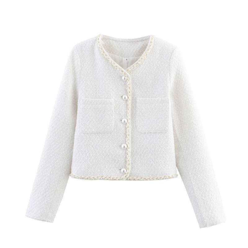 DHEssentials Summer New Women's Fashion Versatile Round Neck Long Sleeve Pocket Pearl Decorated Little Chanel Style Short Jacket