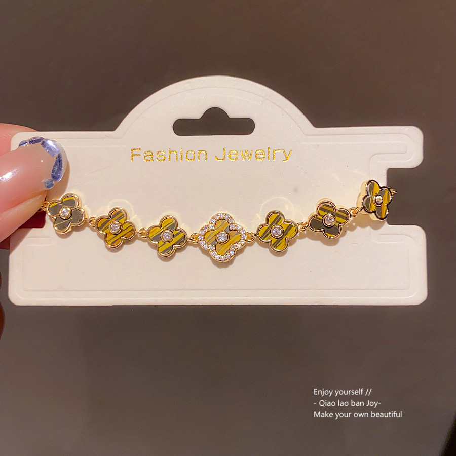 Gold - Toned Bracelet With Mother - Of - Pearl Clover Charms And Rhinestone Accent Delicate Daily & Elegant Jewelry Gift For Her High - Quality And Ti