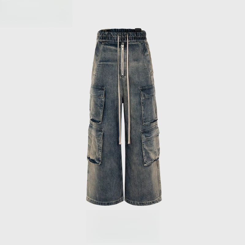 MIJKO Gradient Ribbons Jeans Multi-pockets Drawstring for Men Women Harajuku Streetwear Baggy Y2K Denim Trousers Cargo Pants