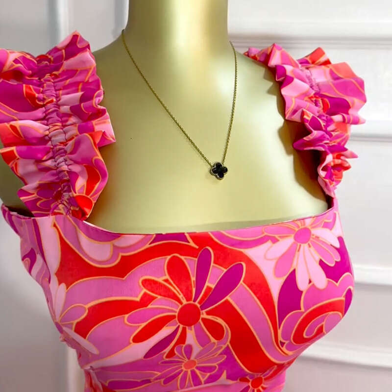 European and American Women New Printed Short Vest High Waist Flared Skirt Fashion Casual Set