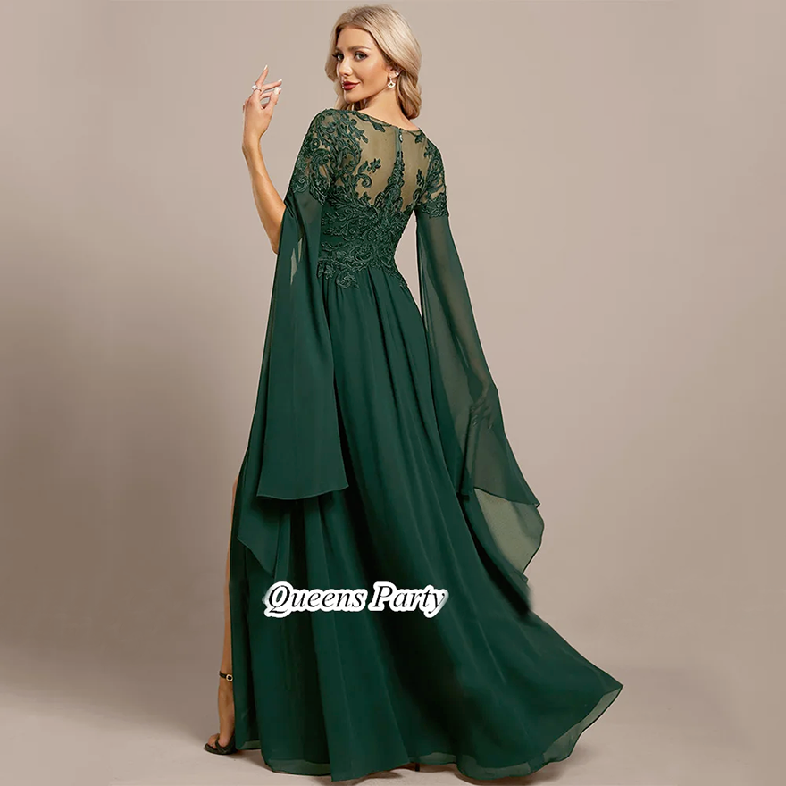 Chiffon Mother of The Bride Dress Long Sleeves V Neck Illusion Back Applique A Line High Split Wedding Party Dresses Guest Gown
