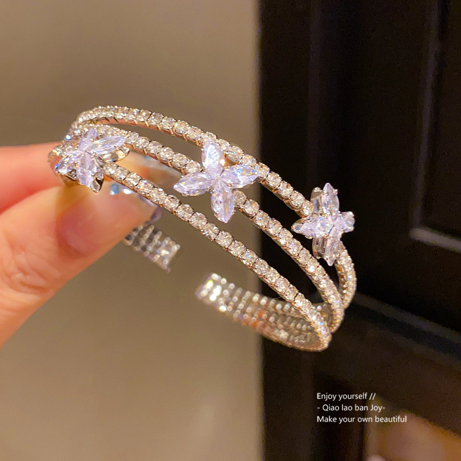 Silver - Toned Cuff Bracelet With Crystal Flower Accents And Rhinestone Layers Delicate Daily & Glamorous Jewelry Gift For Her Elegant And Sparkly Acc