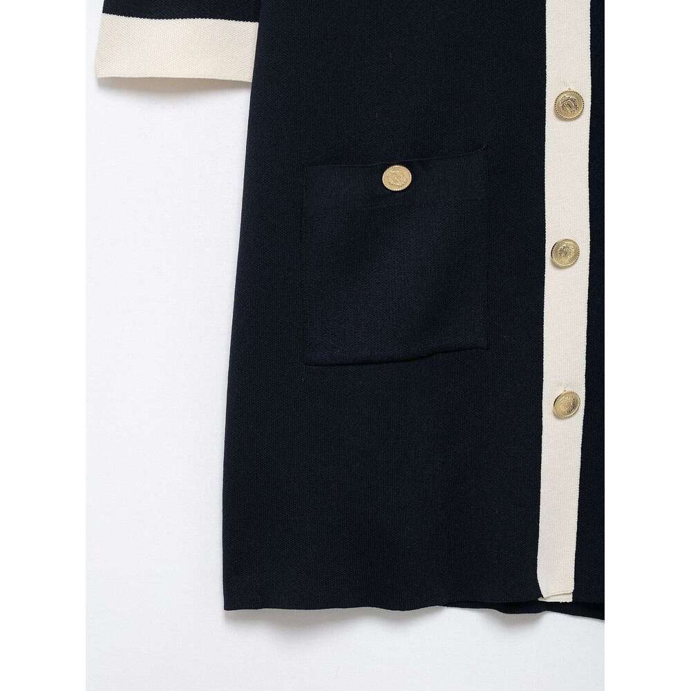 DHEssentials 2025 Summer New Style Little Chanel Black and White Contrast Gold Button Turn-Down Collar Short Sleeve Dress 1822101