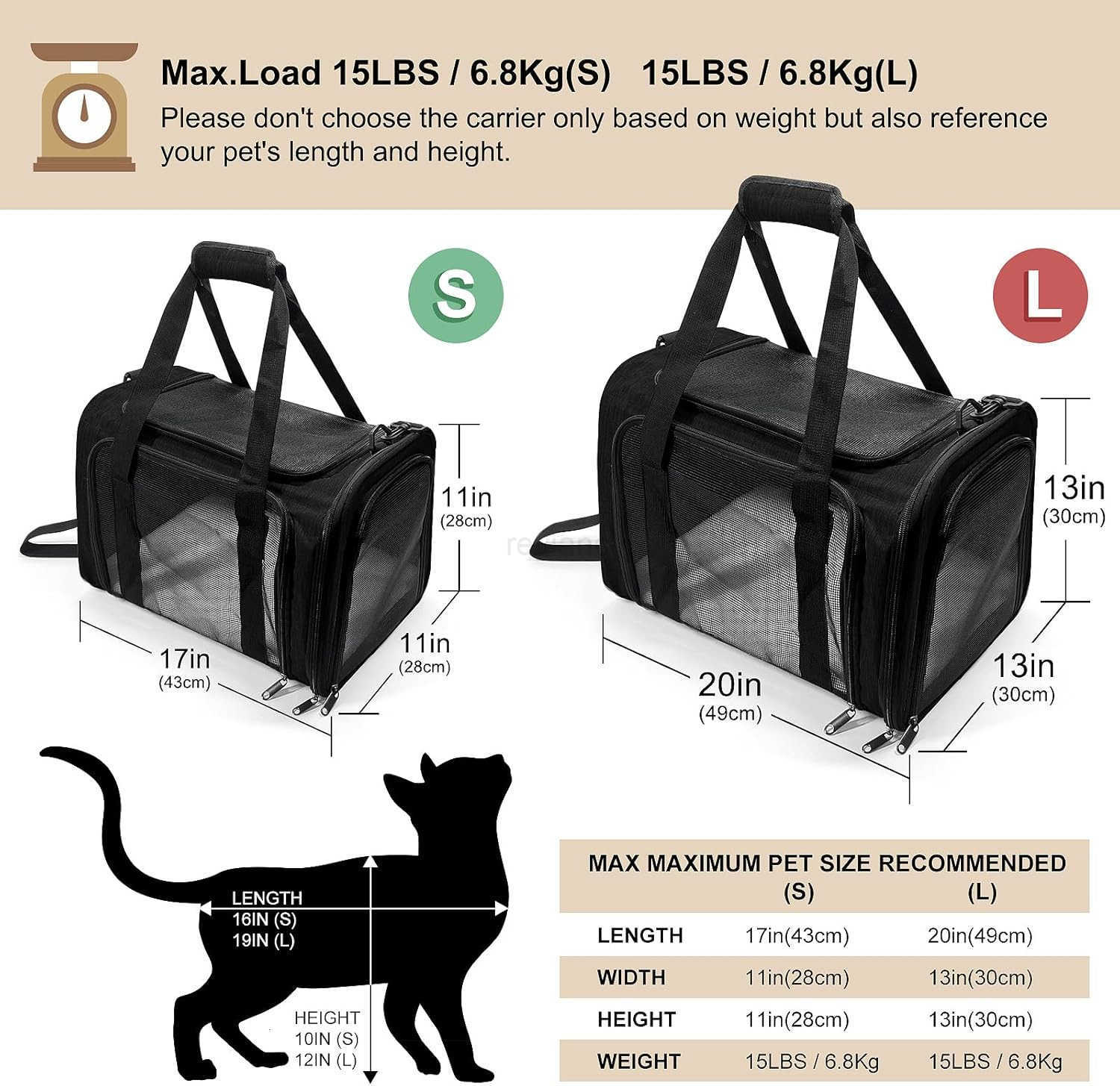 Dog Carrier for Pets Up to 25 Lbs Collapsible Travel Carriers for Puppy with Shoulder Strap and Removable Mat 20x13x13 Inch BlackW250912