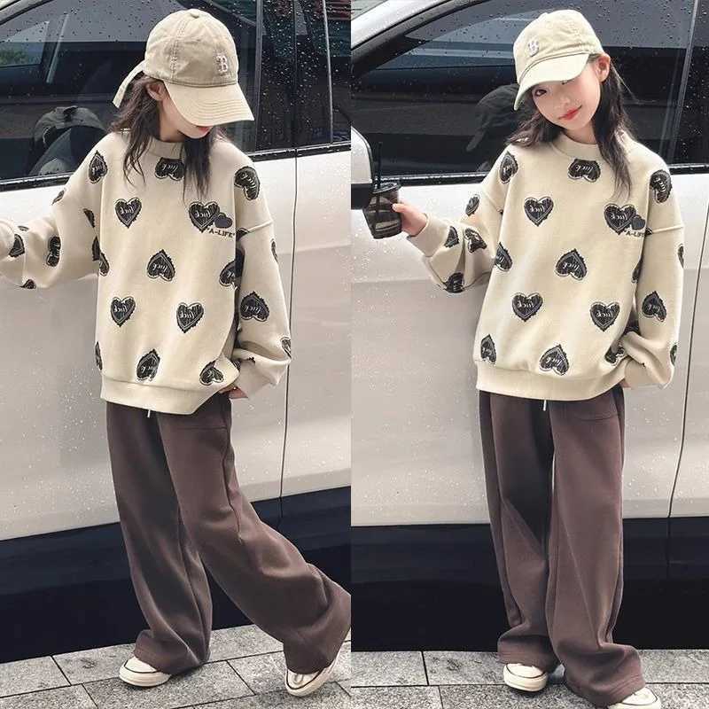 Print Sweatshirt Set Top Pants 2Piece Girl Outfit Elementary Student Clothes Children Fashion Girls Sets 7 8 Years Korean Two C250912