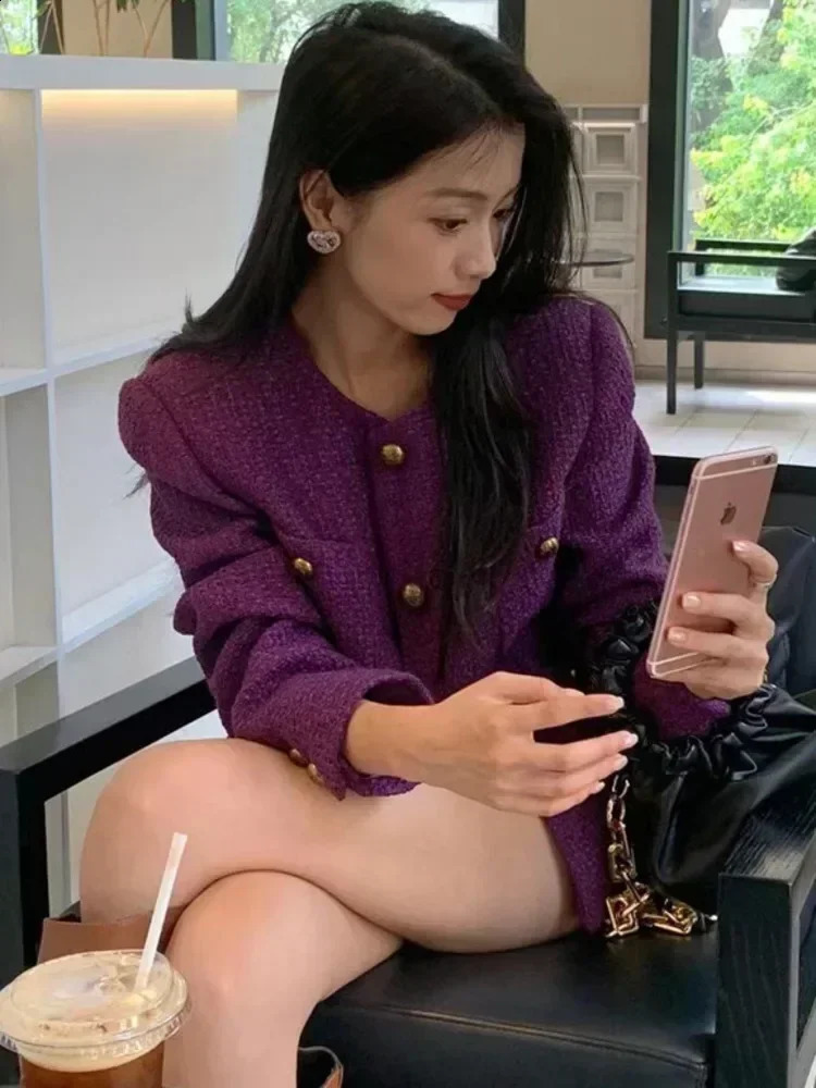Vintage Tweed Purple Jacket Women Elegant Long Sleeve Single Breasted Elegant Woolen Coat Korean Fashion Outwear Fall Winter 250815