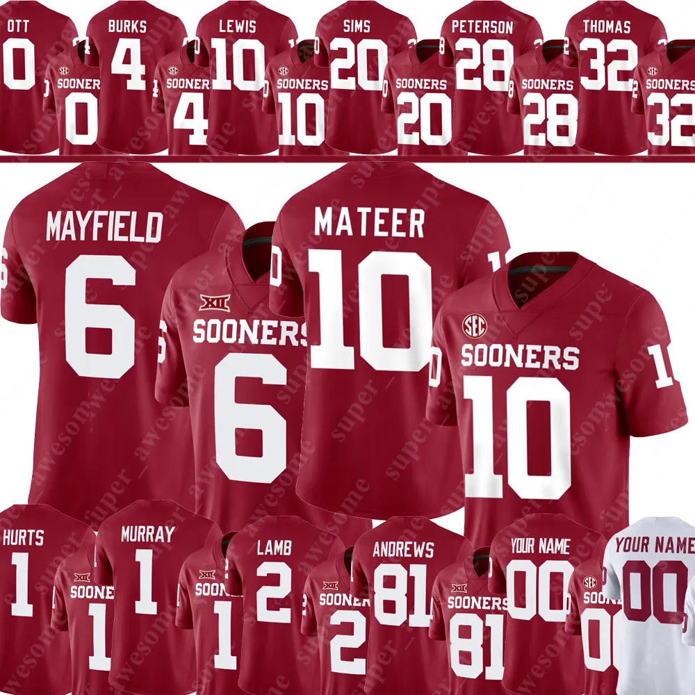 John Mateer Oklahoma Sooners Football Jersey Deion Burks Jaydn Ott Kyler Murray Danny Stutsman CeeDee Lamb Baker Mayfield Mark Andrews Jalen Hurts Billy Sims Watts