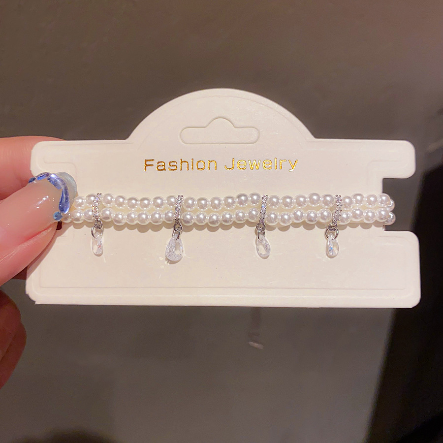 Silver - Toned Layered Pearl Bracelet With Teardrop Crystal Charms Delicate Daily & Elegant Jewelry Gift For Her Romantic And Timeless Accessory