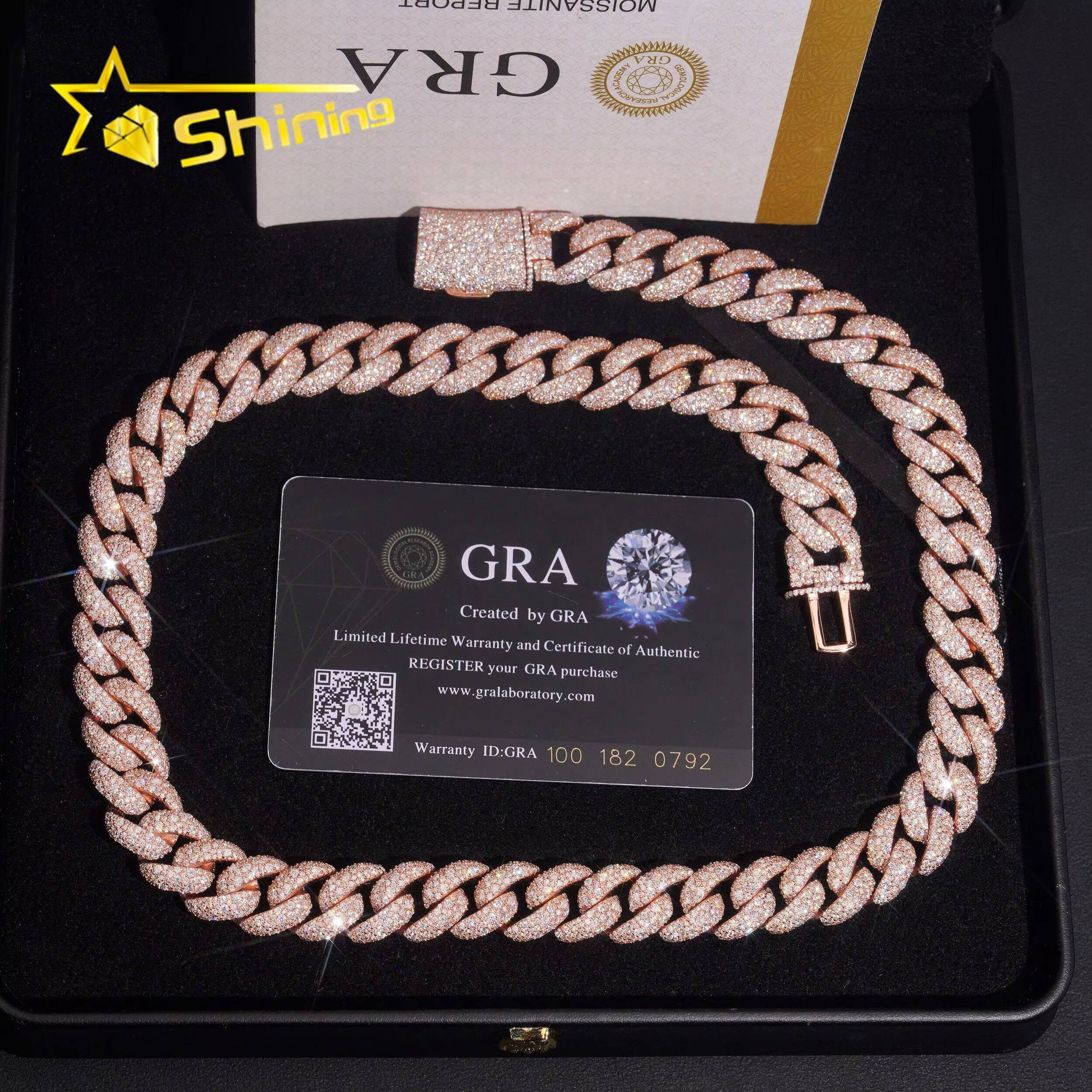 New Arrivals Iced Out Hip Hop 925 Sterling Silver 14mm Mosaic Set Moissanite Diamond Rose Gold Cuban Link Chain