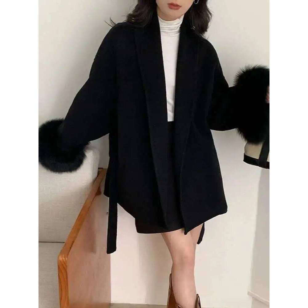 Dresses BZVW High End Wool Strapping Coat Women's Removable Cuffs Fox Fur Temperament Double-Sided Cashmere Short Jacket