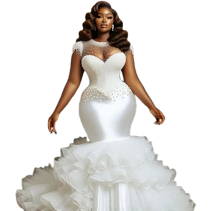 Arabic Aso Ebi Mermaid Wedding Dresses Long Luxurious Pearls Beaded Wedding Gowns Ruffles African Bride Dress Capped Sleeves Jewel Neck Vestidos De No