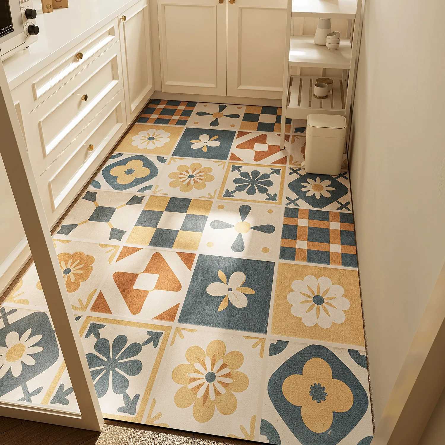 Kitchen Carpet Nonslip Waterproof Oilproof Floor Mat Retro Geometric Flower Pattern Rug Large Size Home Decoration Mats C250912