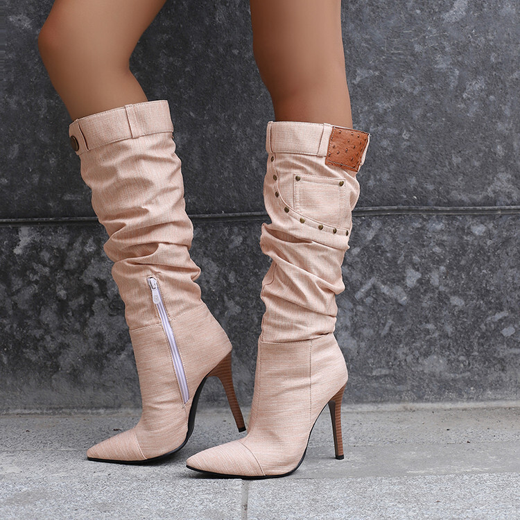 Designer boots 2025 New plus size Zipper Denim Knight Women Thin Mid Heel Pointed Toe Over the Knee Long Boots for Women