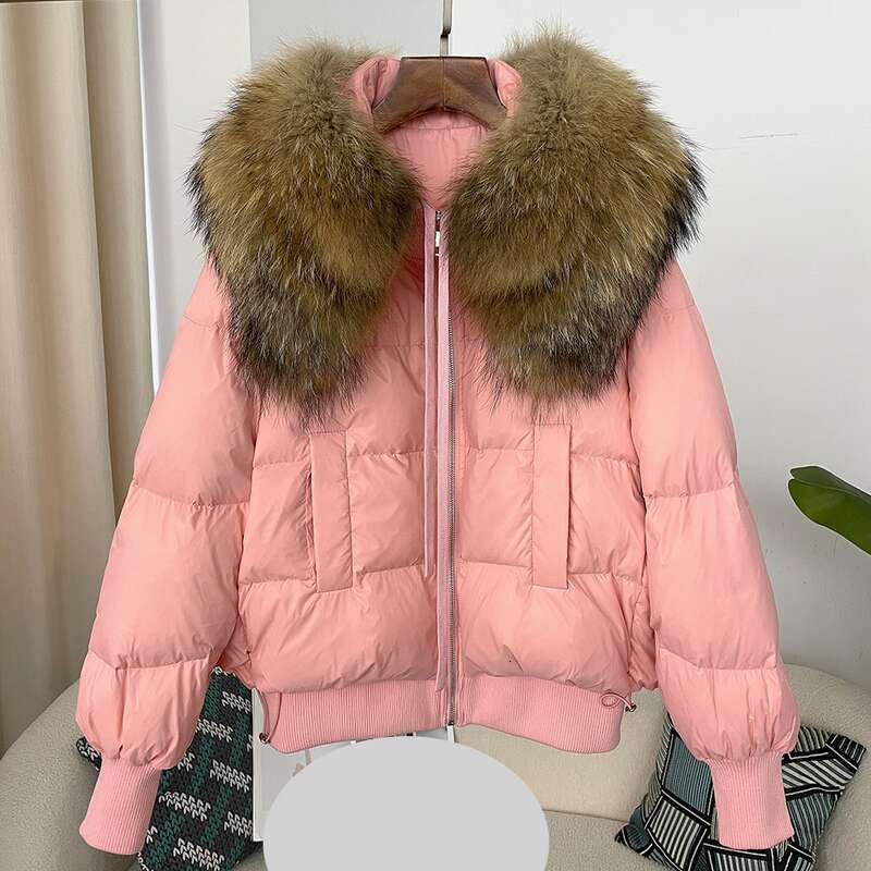 Clothing Oversized Raccoon Fur Collar Winter Women's Short Thickened White Duck Down Jacket Flat Coat