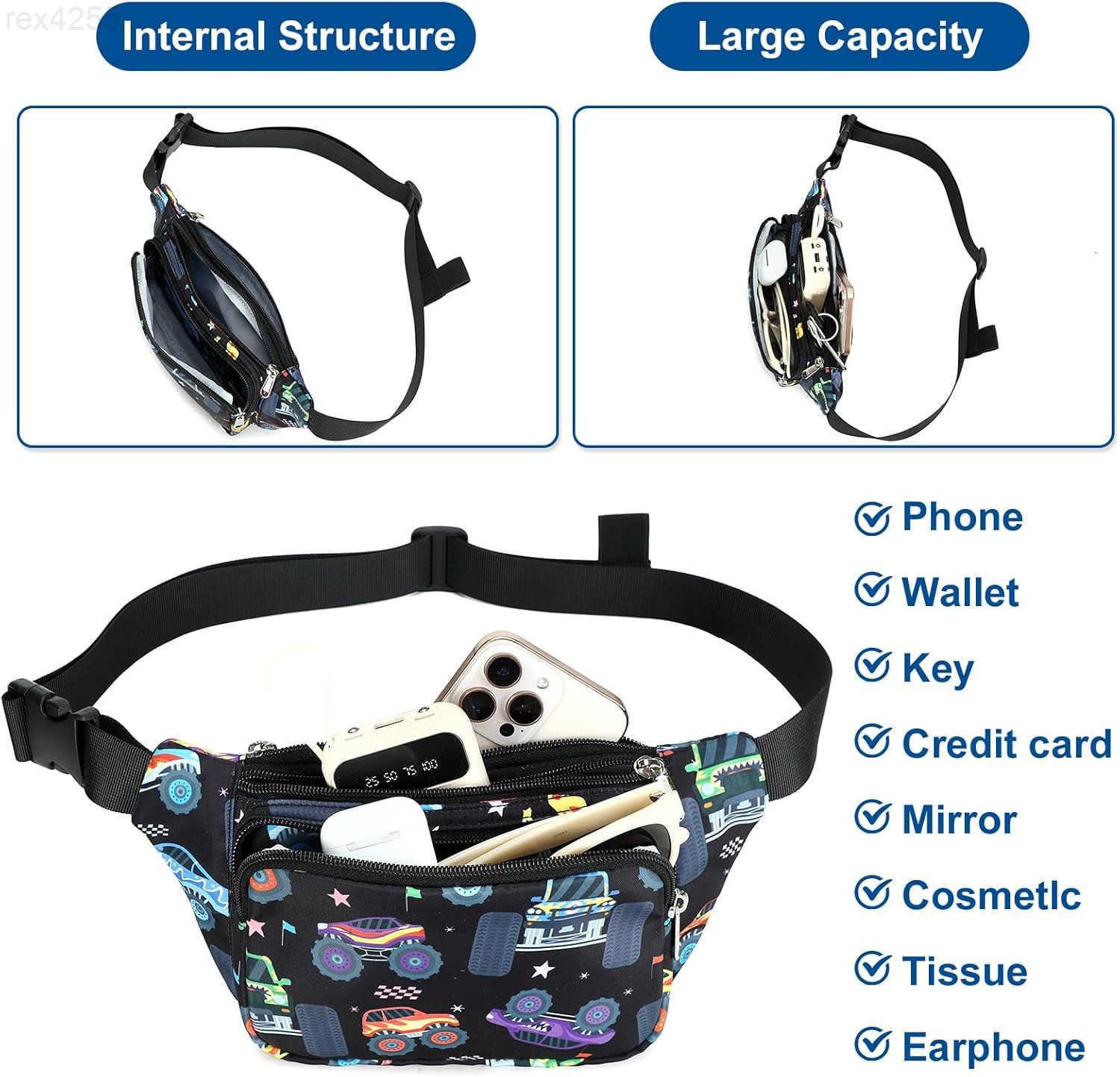 Fanny Pack Belt Bag Boys Crossbody Bag Waist Pack Hip Pack Boys Lightweight Chest Bag Monster Truck BlackW250912