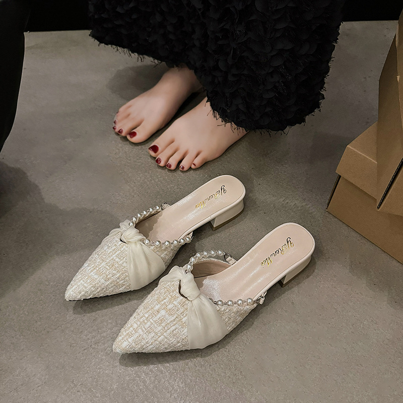 Luxury Sandals 2025 New Pearl-Embellished Mules for Women - Elegant Open-Back Low Heel Sandals with Slip-On Design, Chunky Toe Shape Summer Casual Sho
