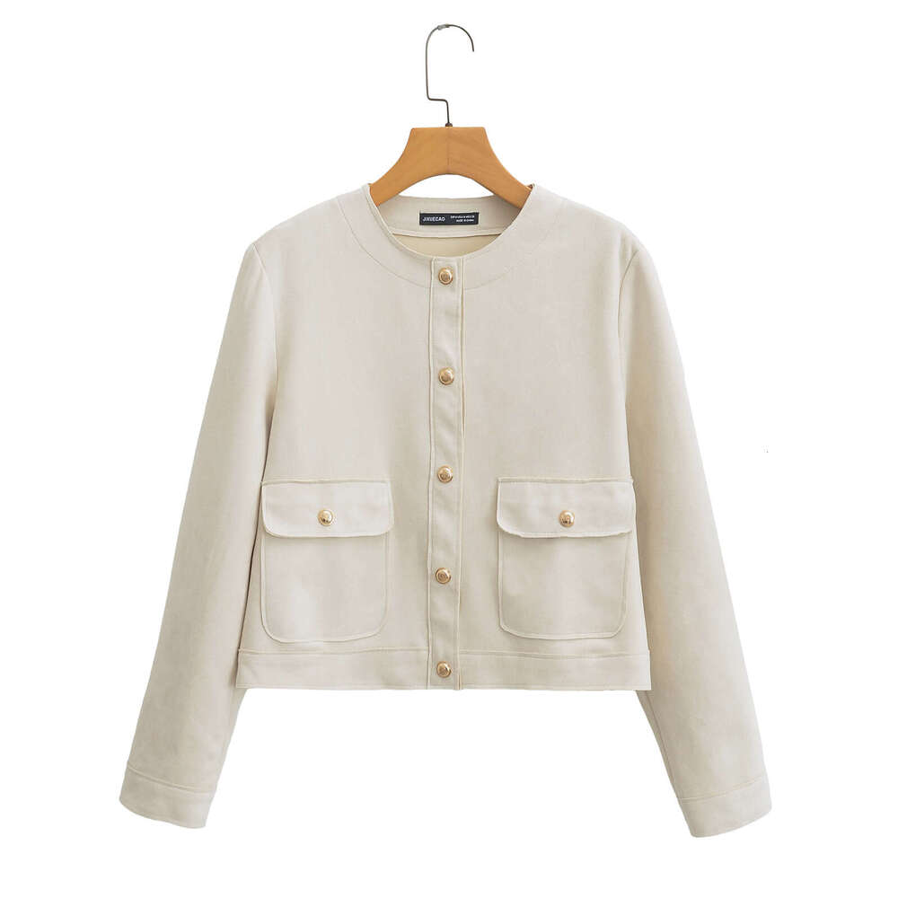 DHEssentials 2025 Summer New French Style Small Chanel Round Neck Single-Breasted Suede Texture Short Long Sleeve Jacket