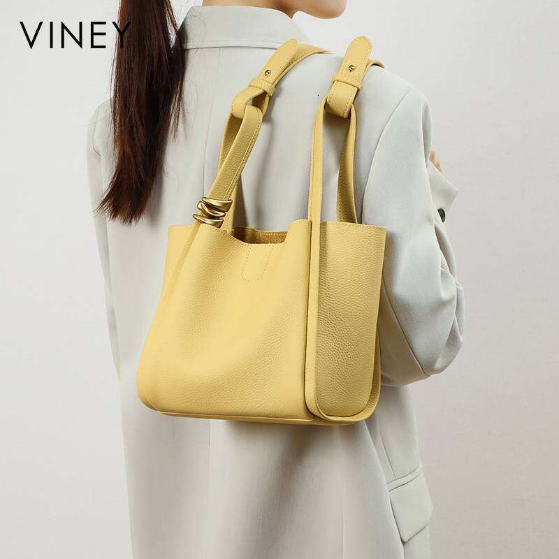 Viney 2025 New Style Women's Bucket Summer Shoulder Genuine Leather Hand-Held Vegetable Basket Bag
