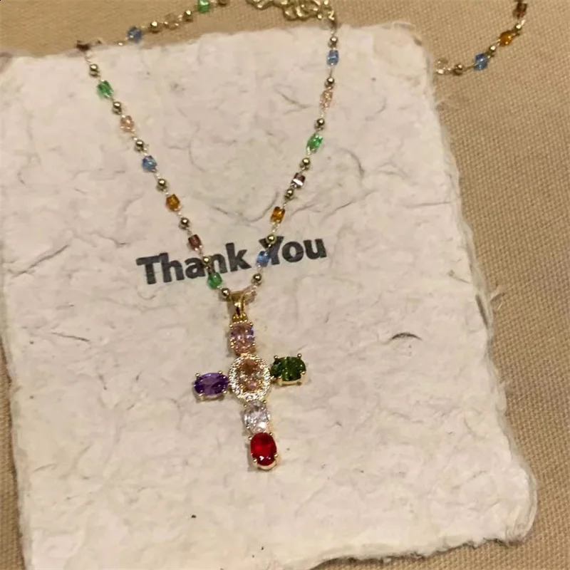Fashion Colorful Zircon Cross Pendant Necklace For Women Stainless Steel Silver Color Charm Religious Necklaces Jewelry 250911