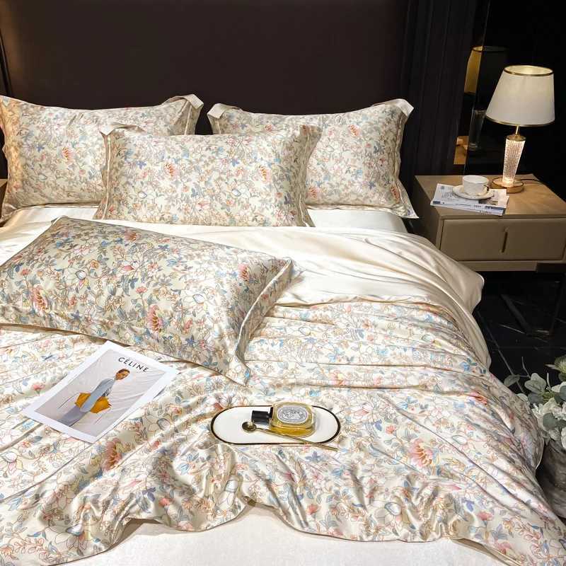Luxury Floral Silk Bedding Set with Duvet Cover Fitted Flat Bed Sheet Pillowcase Silky Smooth Bed Sheet Sets Twin Full Queen C250912