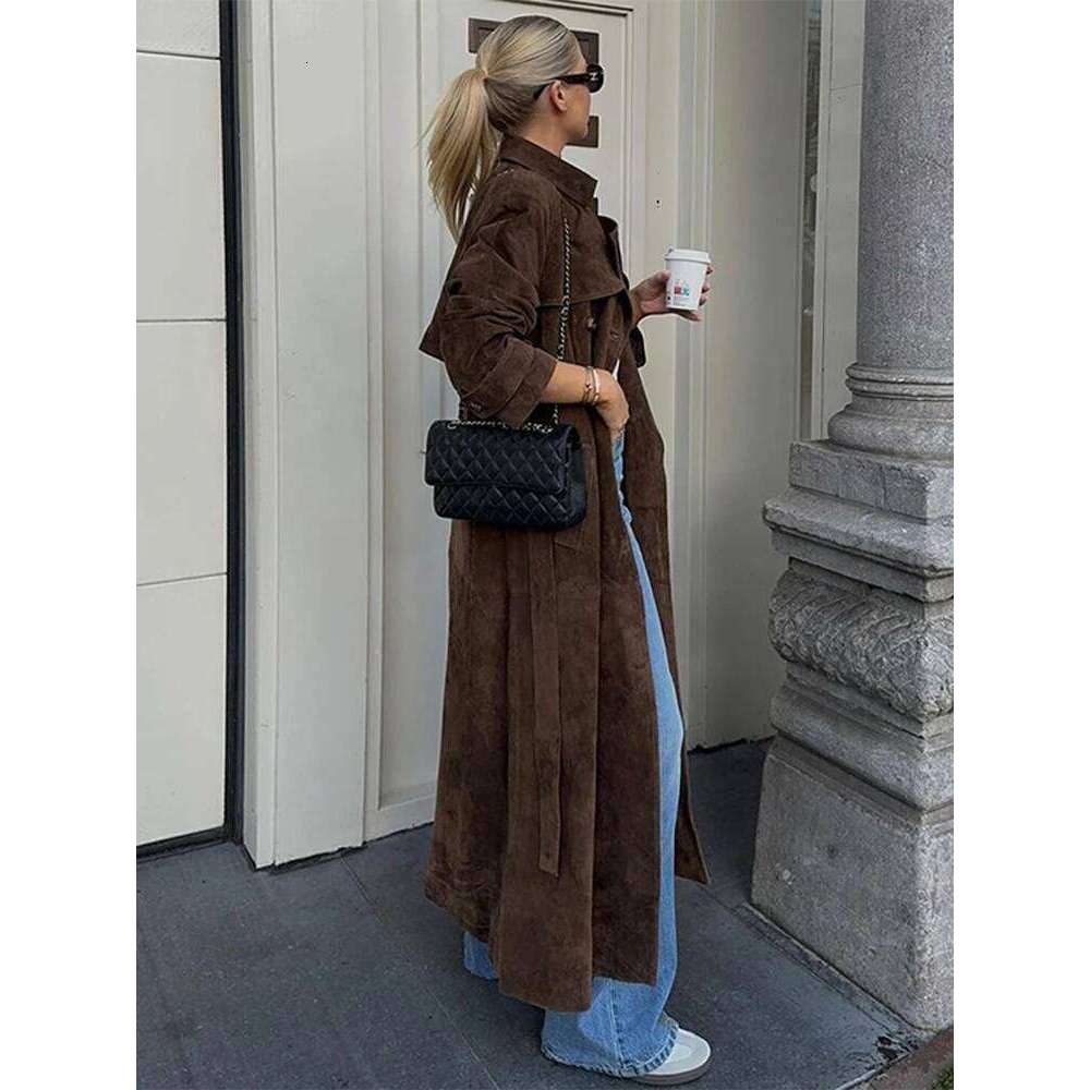 Vintage Suede Long Women's Jacket Casual Lapel Single Breasted Lace Up Coats Jackets Autumn Fashion Women Coat Retro Outerwear
