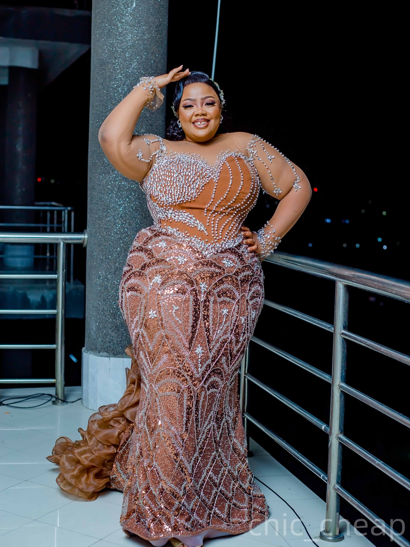 Brown Mermaid Plus Size Prom Dresses 2025 Illusion Crystals Sequined Evening Formal Party Second Birthday Engagement Gowns Dress For Special Occasions