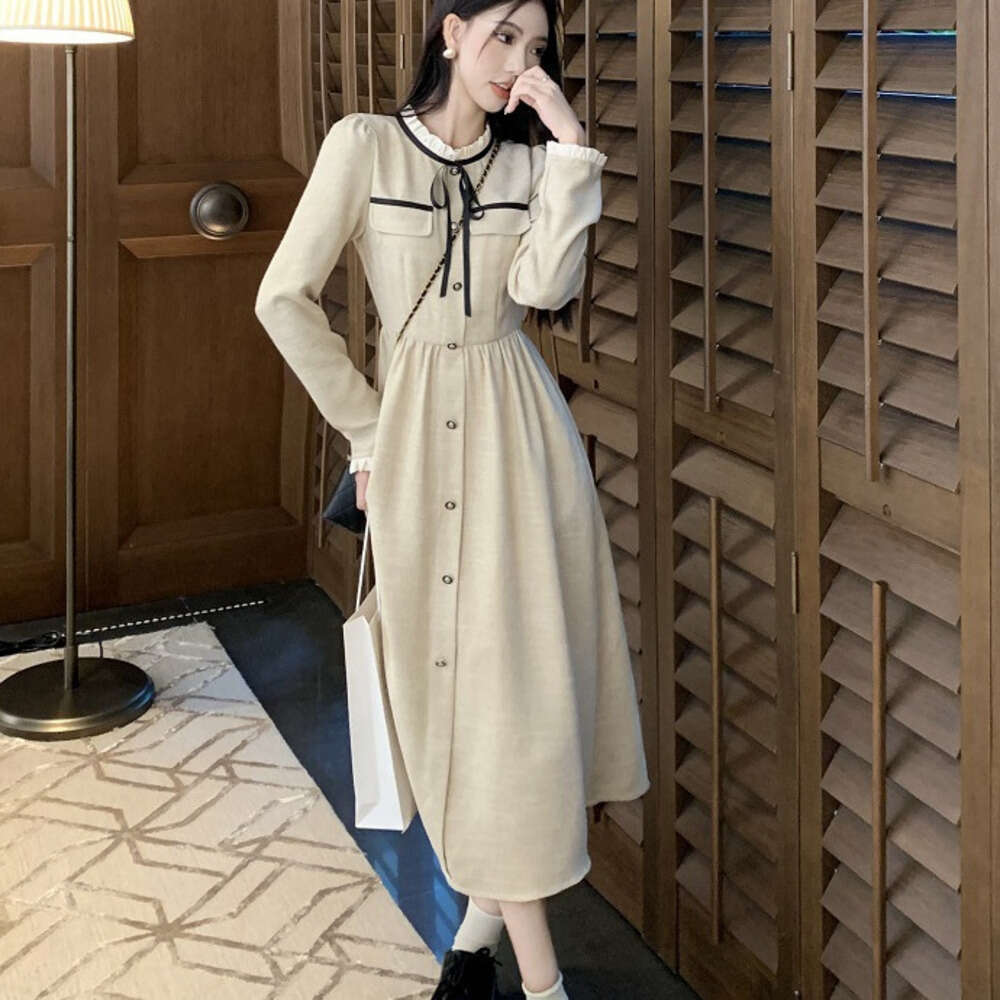 DHEssentials Chanel Style for Women, Autumn Winter 2025 New Elegant Socialite Waist Slimming Mid-Length Tie Long Sleeve Dress