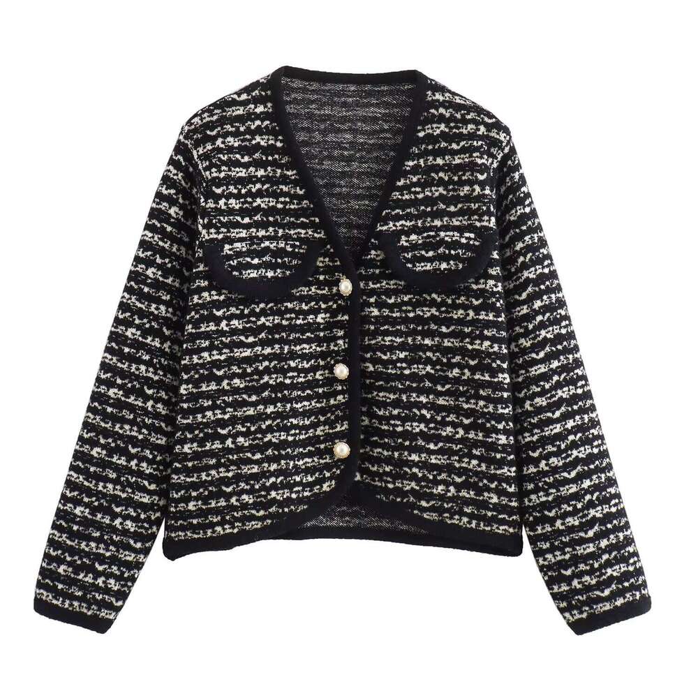 DHEssentials 2025 Autumn New French Style Chanel-inspired Gold Thread V-neck Wave Pattern Knitted Trim Sweater Jacket