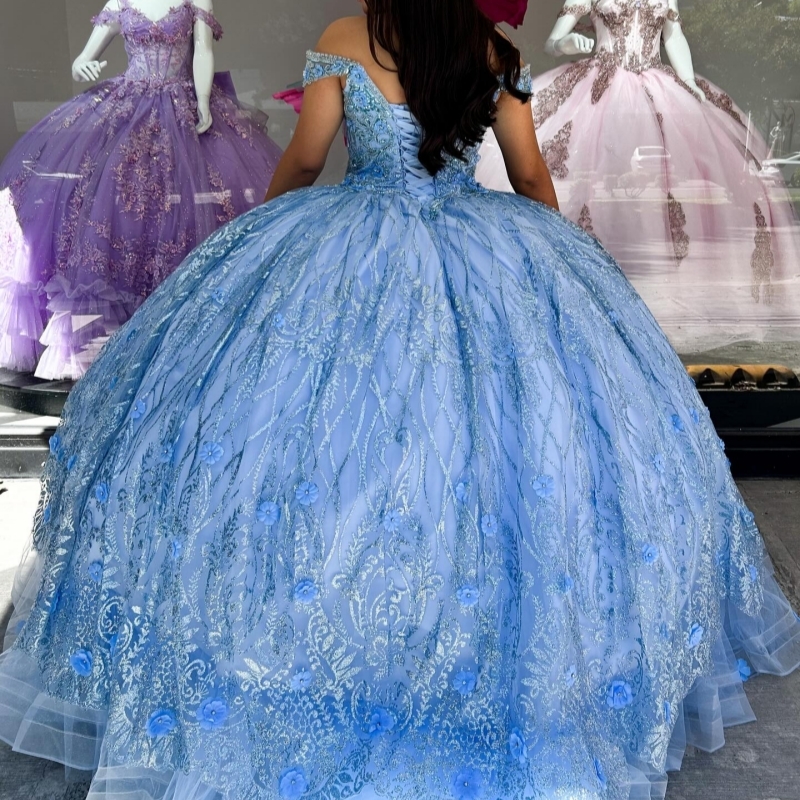Light Blue Ball Gown Quinceanera Dresses Off The Shoulder Sequin Applique Flower Beads Tull Party Birthday Sweet 16 Dress Vestidos 15 De Anos