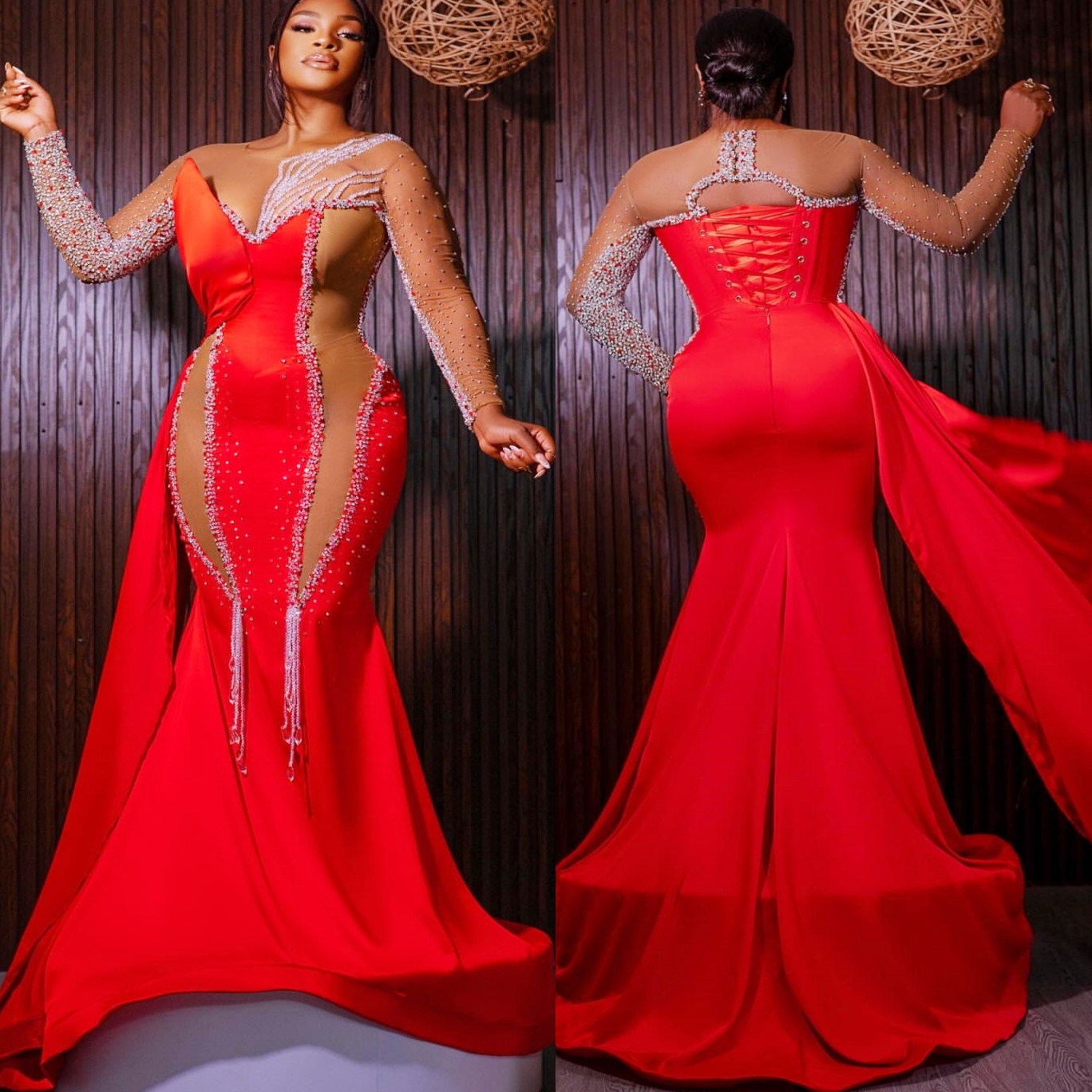 Aso Ebi Red Mermaid Prom Dresses 2025 Beaded Crystals Satin Transparent Evening Formal Party Second Birthday Engagement Gowns Plus Size Dress For Spec