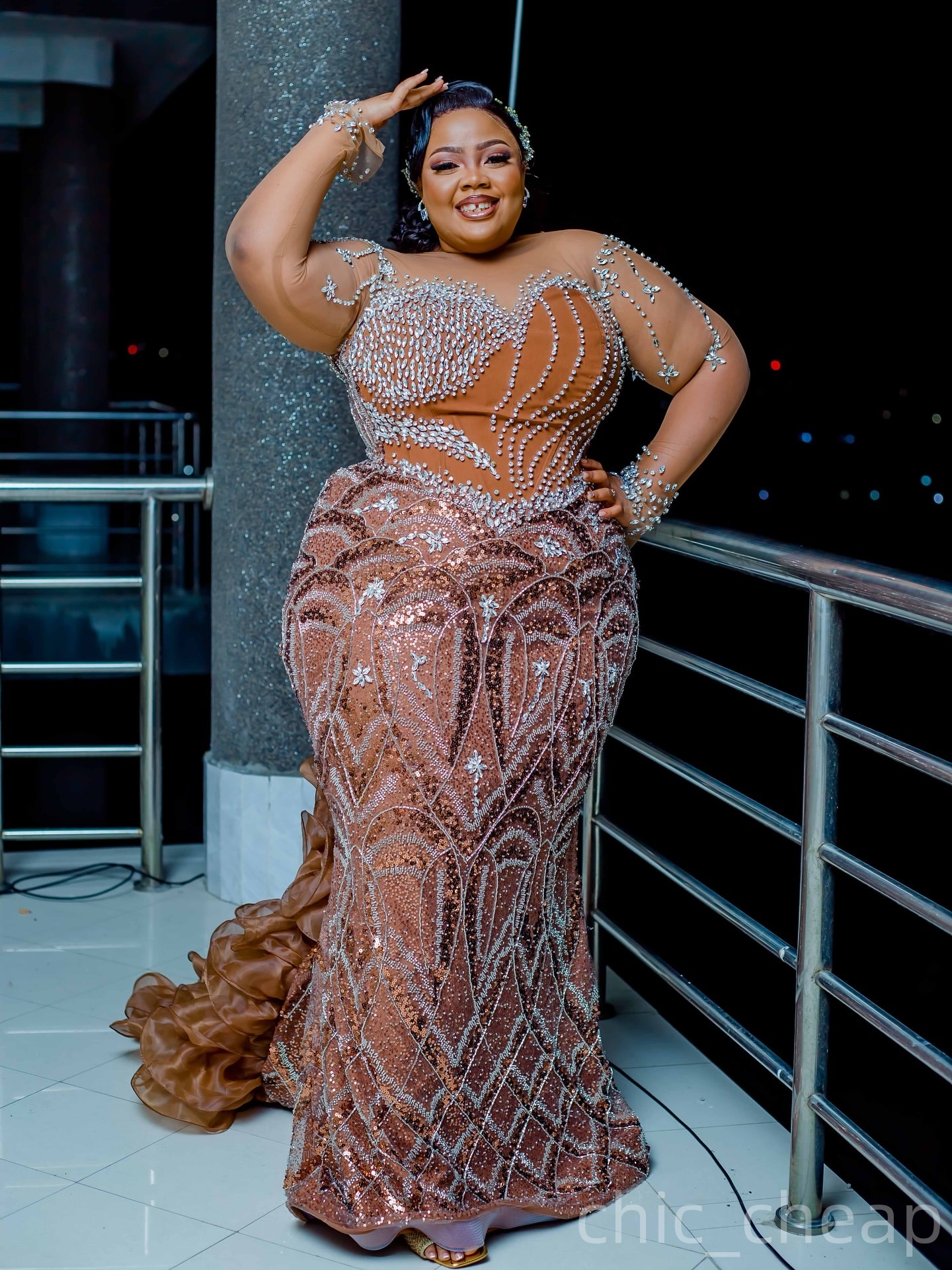 Brown Mermaid Plus Size Prom Dresses 2025 Illusion Crystals Sequined Evening Formal Party Second Birthday Engagement Gowns Dress For Special Occasions