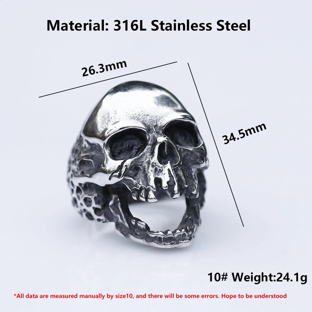 Mens 316L stainlesssteel rings Large fierce Skull Vintage ring for teens gothic punk Biker Jewelry Gift 250911CJ