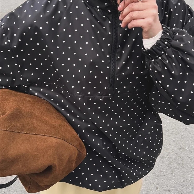 Polka Dot Printed Jackets Womens Fashion Long Sleeve Zipper Loose Short Coat Autumn Lady Daily Commute Outerwear 250911